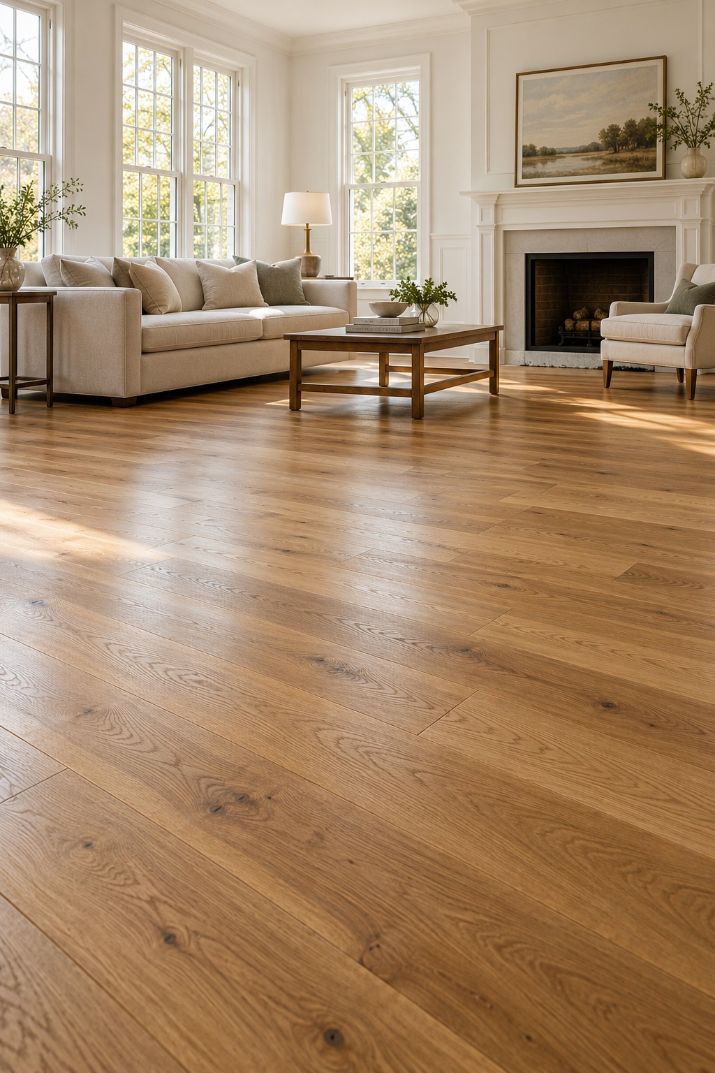 Sunlit living room with natural oak hardwood floors